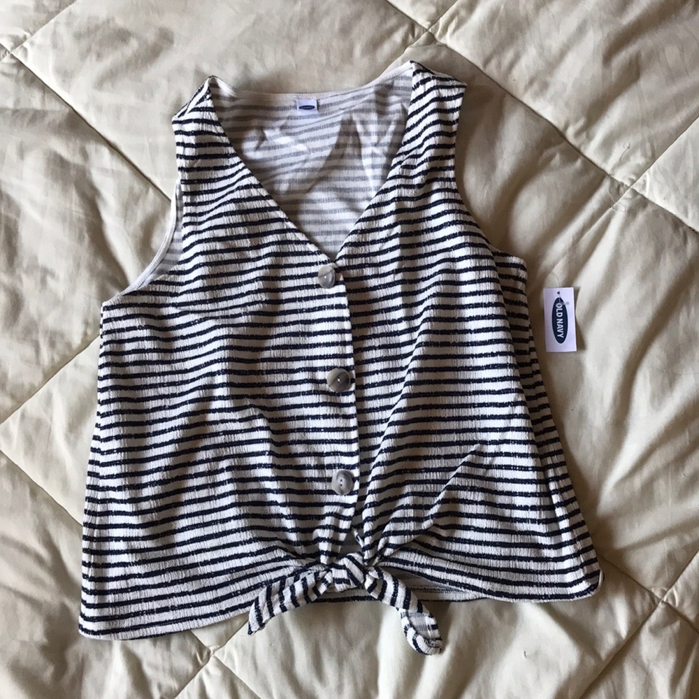 Blue and white striped v neck tank with front tie